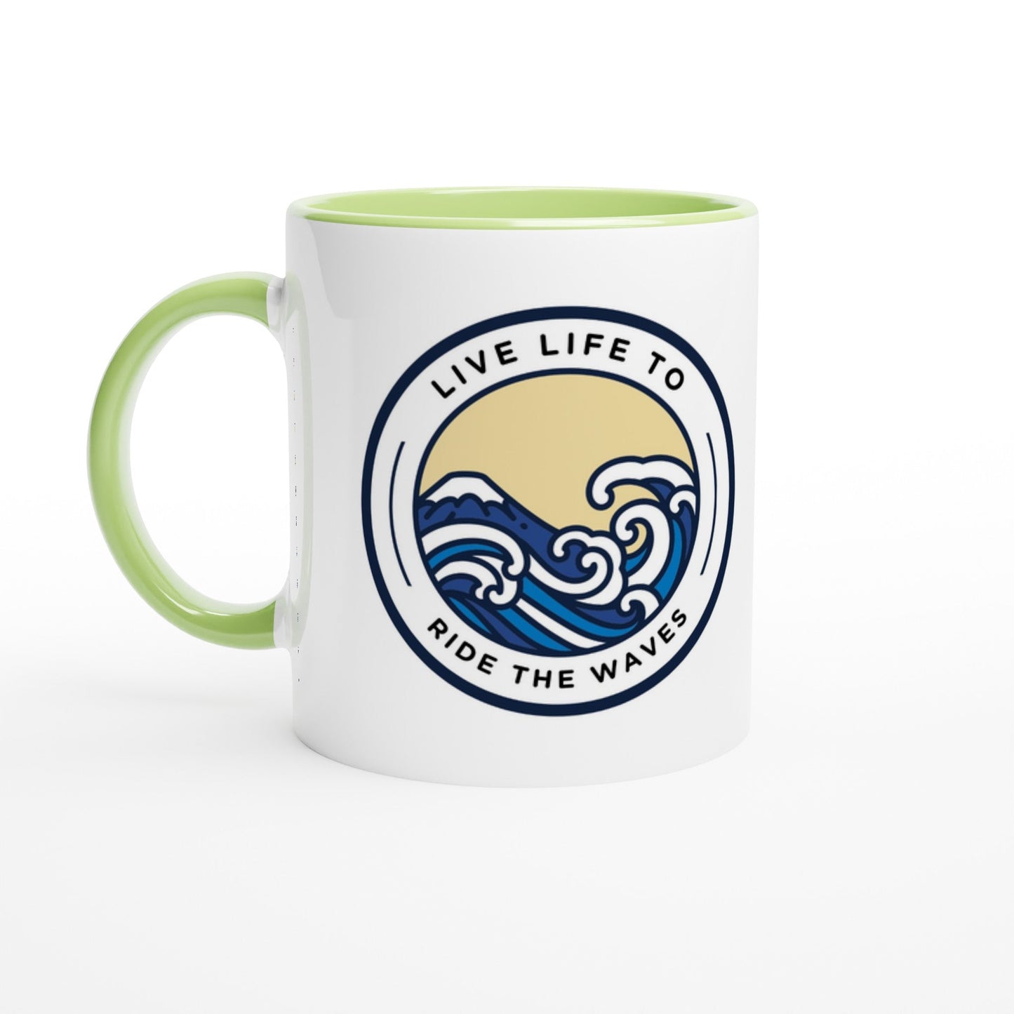 Live Life to Ride the Waves Ceramic Mug with Color Inside - A Buzz with Words