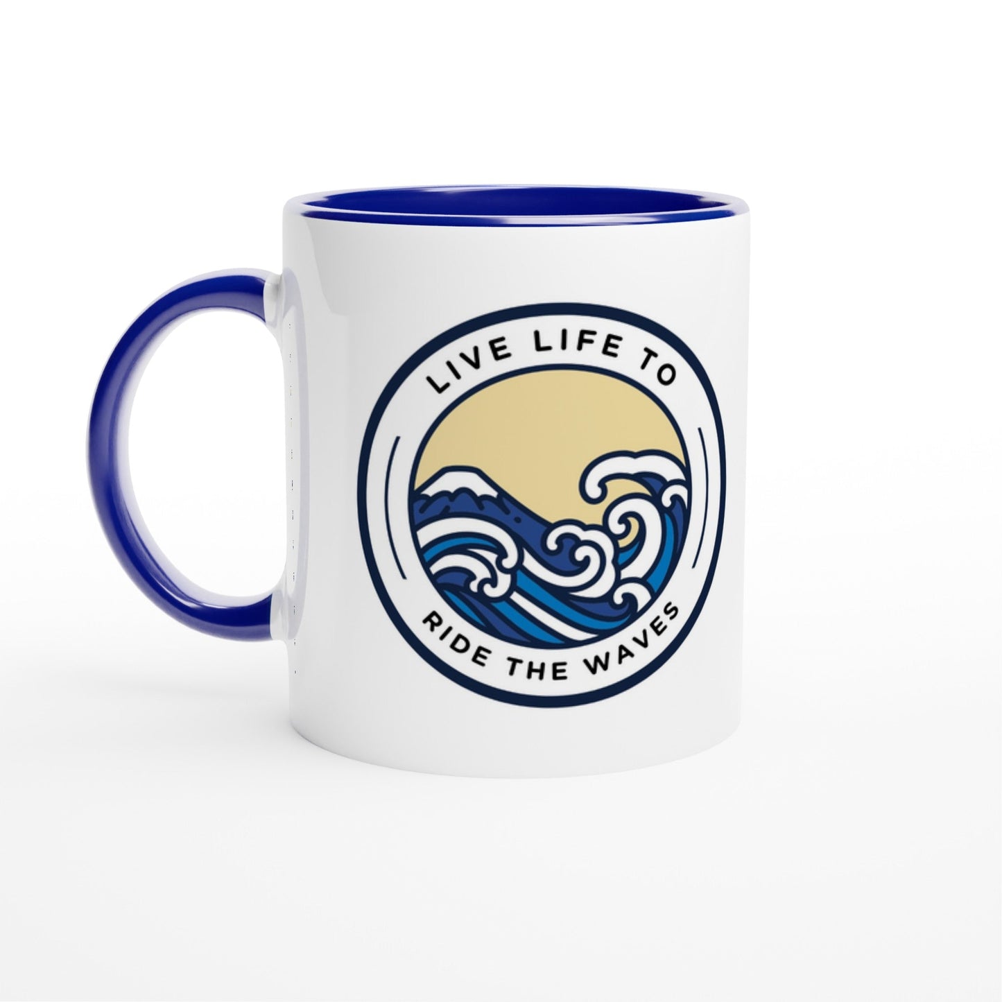 Live Life to Ride the Waves Ceramic Mug with Color Inside - A Buzz with Words