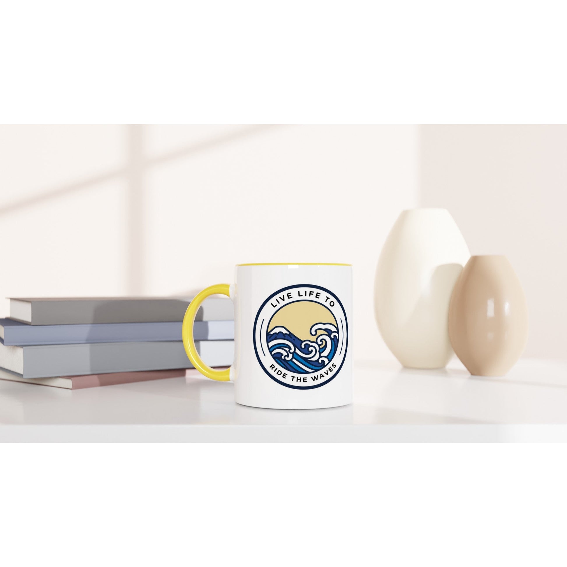 Live Life to Ride the Waves Ceramic Mug with Color Inside - A Buzz with Words