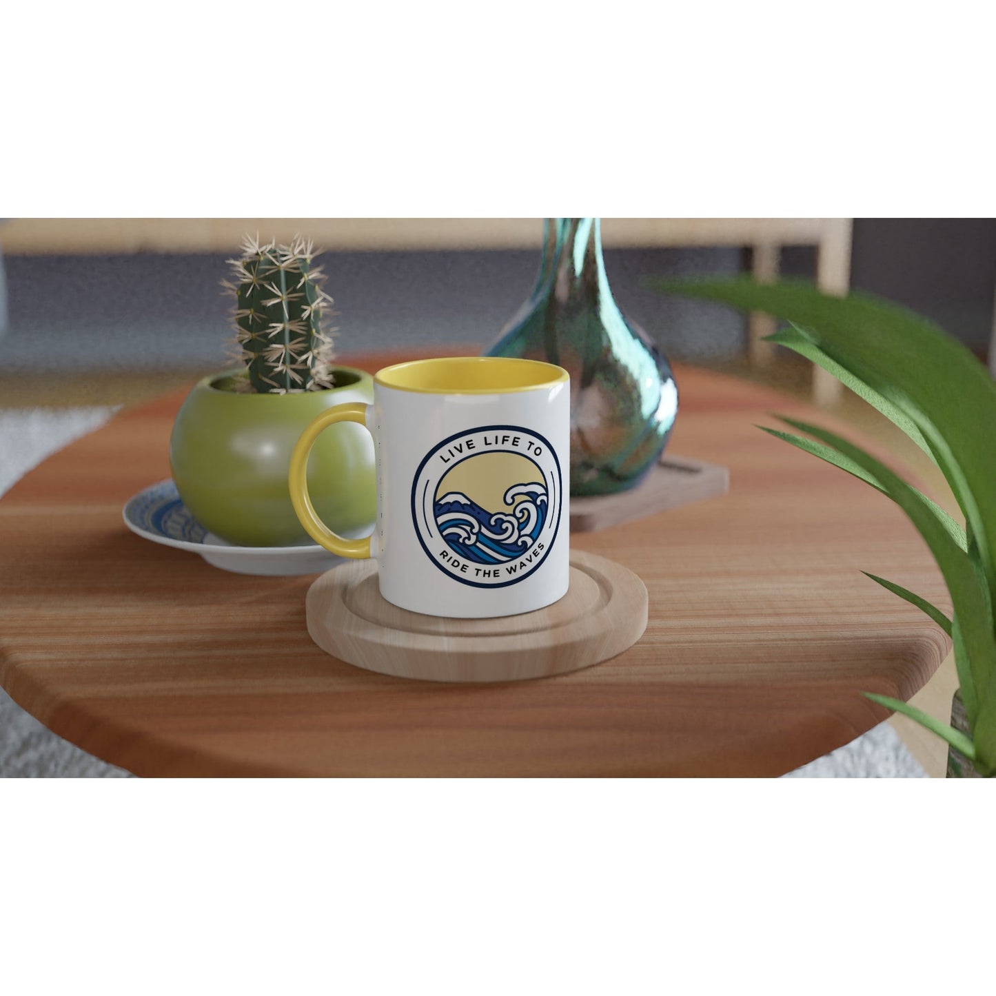 Live Life to Ride the Waves Ceramic Mug with Color Inside - A Buzz with Words