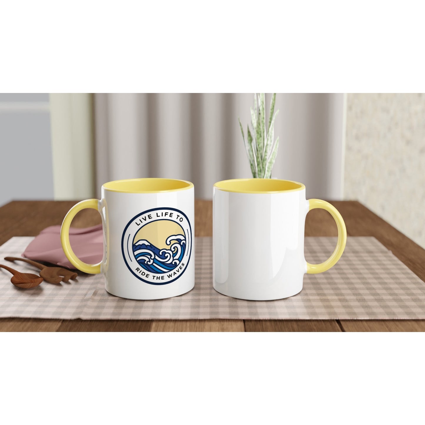 Live Life to Ride the Waves Ceramic Mug with Color Inside - A Buzz with Words