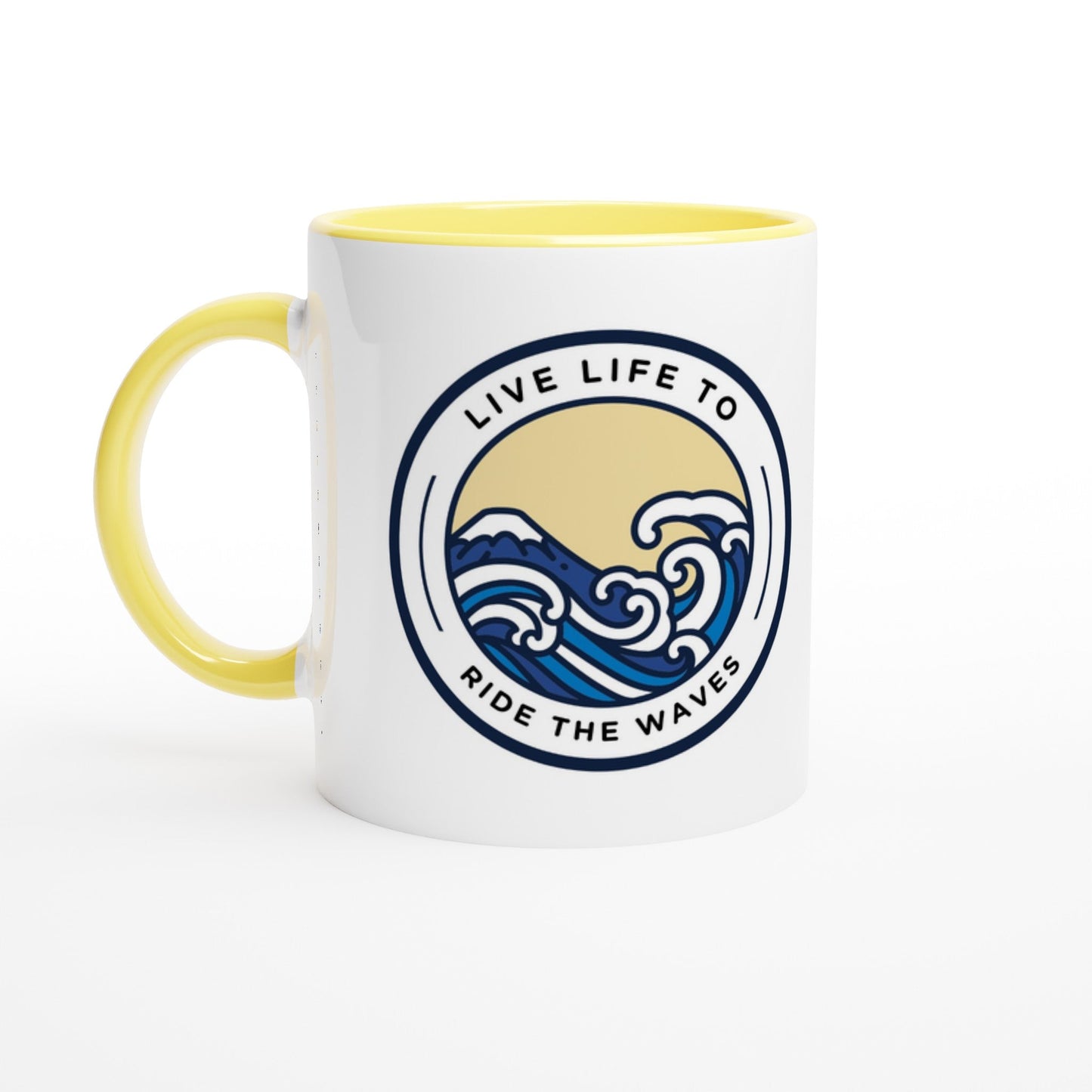 Live Life to Ride the Waves Ceramic Mug with Color Inside - A Buzz with Words